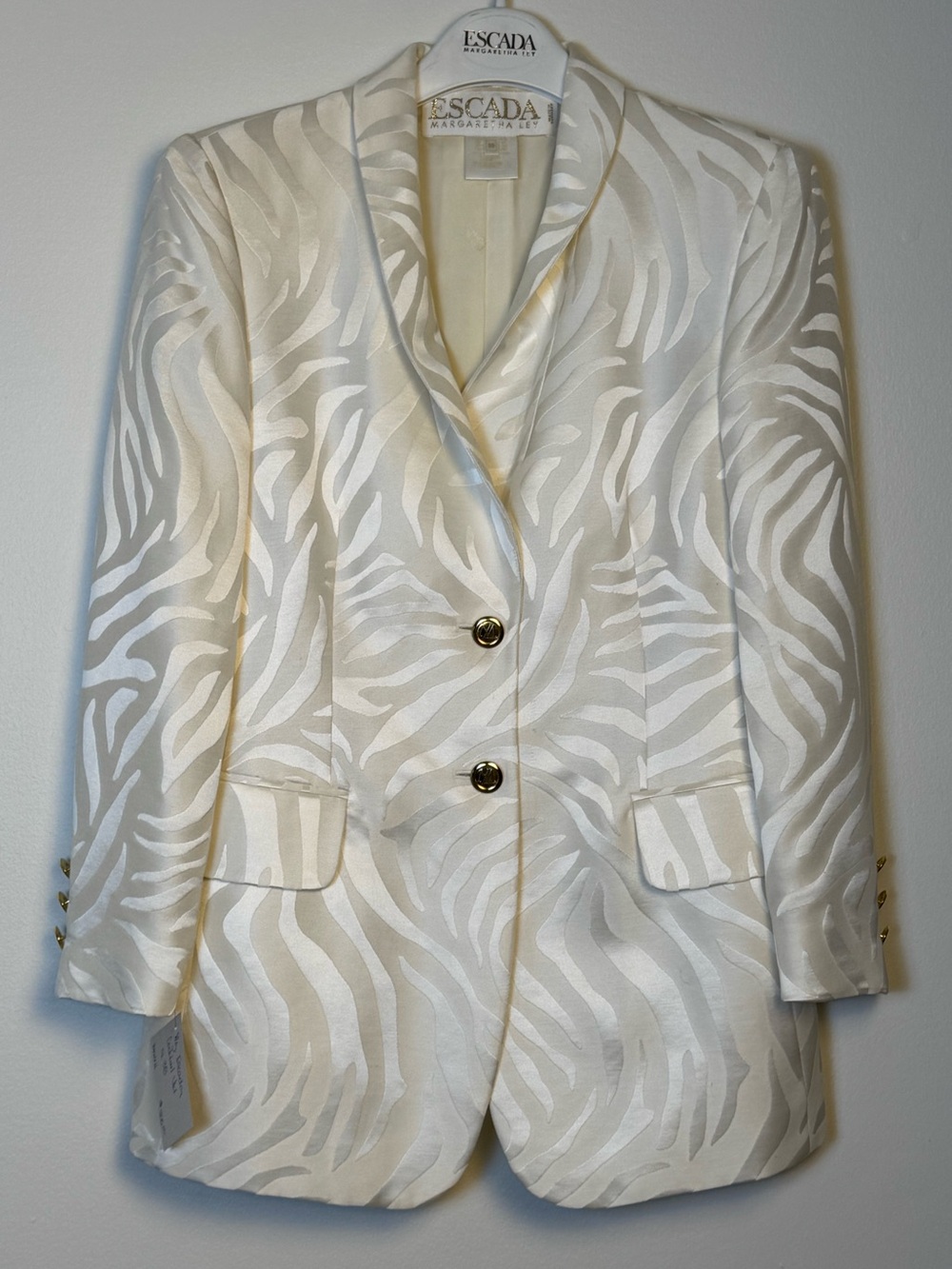 Vintage Escada Margaretha Ley Silk Zebra Blazer Jacket Cream White Gold 38